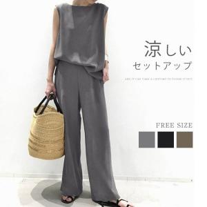 セットアップ レディース 夏 春 Tシャツ ブラウス 袖なし ノースリーブ カジュアル ワイドパンツ 無地 きれいめ ロングパンツ 体型カバー 着痩せ おしゃれ｜rc-genki-shop