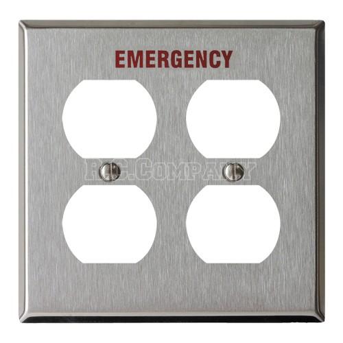 ステンレスヘアライン4口コンセントプレート EMERGENCY（レッド）