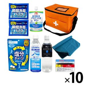 熱中症対策キット 9点 オレンジ 10セット 熱中症対策用品 暑さ対策 クーラーバッグ 瞬間冷却剤 ゼリー ドリンク PEACEUP（直送品）
