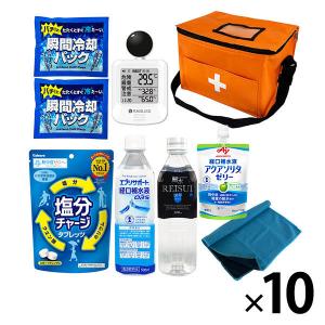 熱中症対策キット 黒球式熱中症指数計付き 9点 オレンジ 10セット 熱中症対策用品 暑さ対策 熱中症対策グッズ WBGT 工事現場 農作業（直送品）