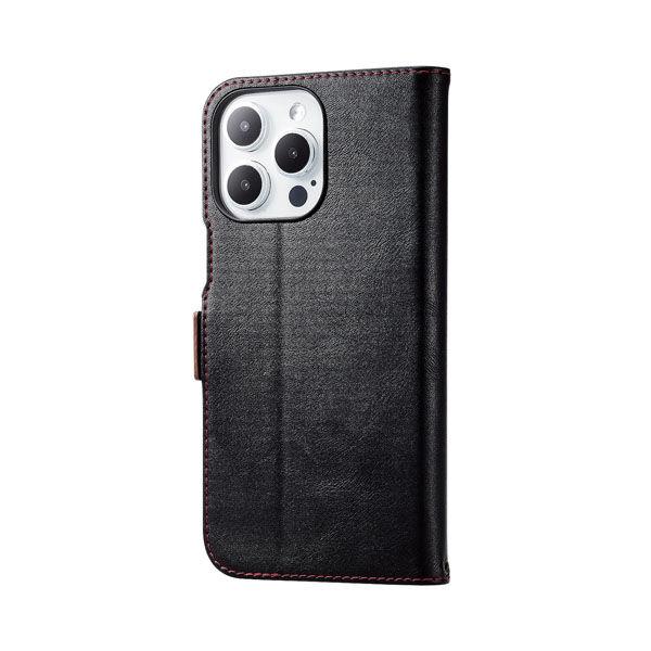 iPhone15 Pro Max ケース レザー 手帳型 磁石 ステッチ ブラック PM-A23DP...