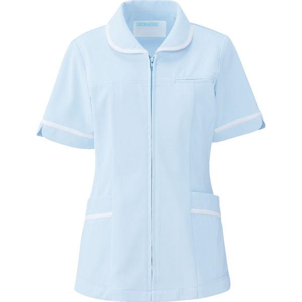 KAZEN レディスジャケット半袖 （ナースジャケット） 医療白衣 サックスブルー（水色）×ホワイト...