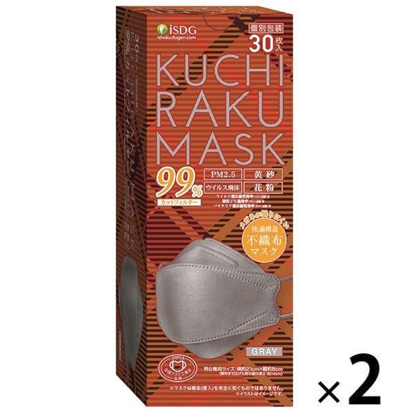 KUCHIRAKU MASK（クチラクマスク） グレー 不織布 1セット（30枚入×2箱）個包装 医...