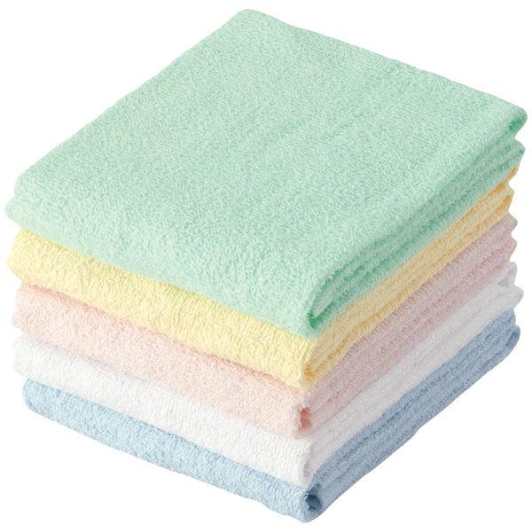 フェイスタオル ライトカラー ミックス 白・黄・青・ピンク・緑 約34×80cm 5枚セット（各色1...