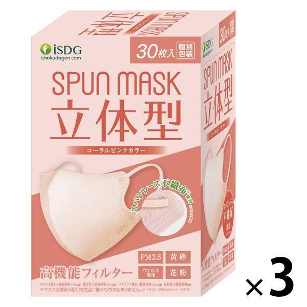 SPUN MASK 立体型スパンレース 不織布（コーラルピンク）1セット（30枚入×3箱） 医食同源...