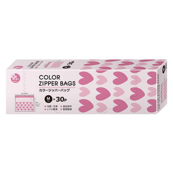 プラスプラス カラーデザインジッパーバッグ M 23×17cm ピンク 冷凍・レンジ解凍可 1箱（3...