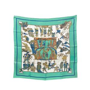 【中古】HERMES　エルメス カレ90　 マリオネットの時間　 シルク スカーフ グリーン