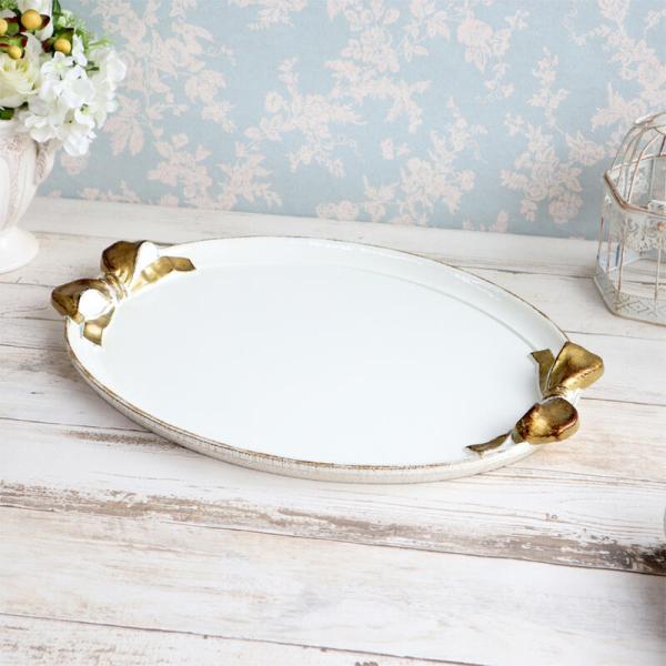 イタリア製 SOLDI ソルディリボンオーバルトレイ　トレーホワイト＆ゴールドリボン 31×43cm...