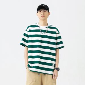 メンズ 男性 2022 夏 半袖 シャツ ラウンド ネック レトロ コントラストカラー ストライプ Tシャツ｜re-lim