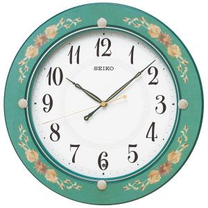 SEIKO 木枠 グリーン 花模様 アナログ電波掛時計 KX220M