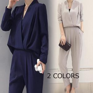 パンツスーツ 2点セット セットアップ Vネック 体型カバー