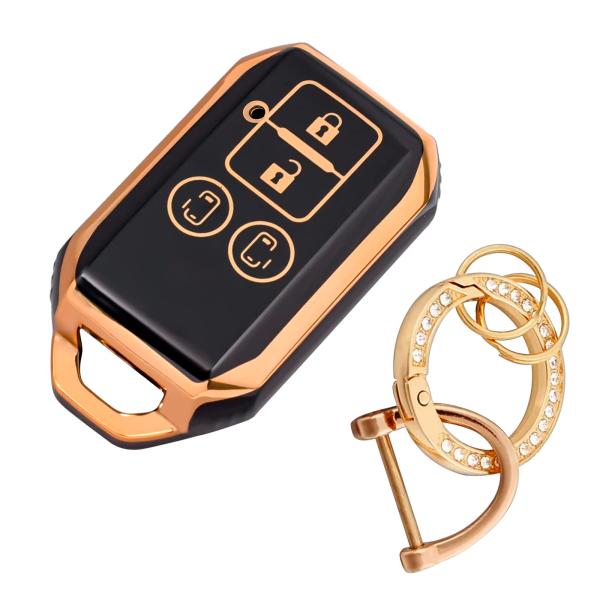 R.A.C 光沢があるオシャレなTPUスマートキーカバー ブラック/ゴールド SUZUKI-1 スズ...
