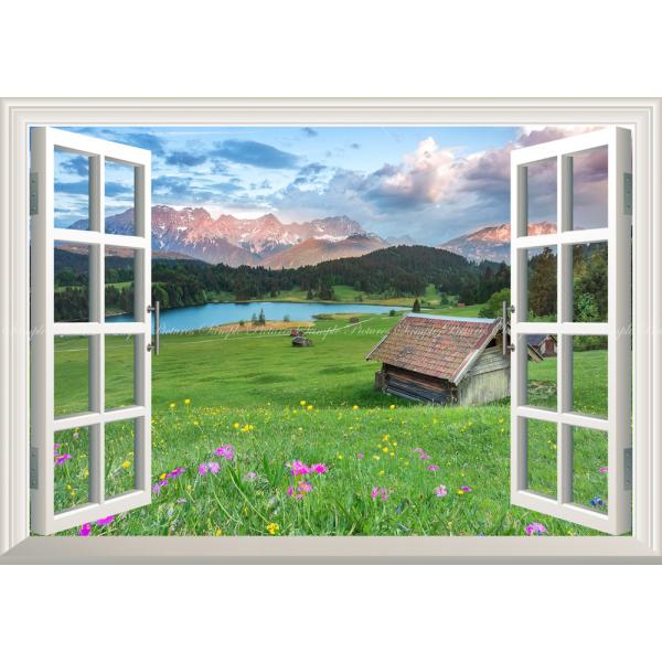 絵画風 壁紙ポスター (はがせるシール式) アルプス山脈の夕焼けと草原の花 森林 湖 【窓仕様】 キ...