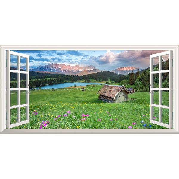 絵画風 壁紙ポスター (はがせるシール式) アルプス山脈の夕焼けと草原の花 森林 湖 【窓仕様】 キ...