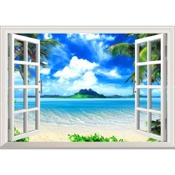 絵画風 壁紙ポスター (はがせるシール式) ハワイ マウイ島のビーチと島々 ヤシの木 海 【窓仕様】...