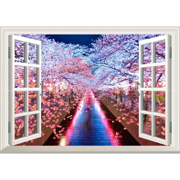 絵画風 壁紙ポスター (はがせるシール式) -地球の撮り方- 輝く川面 東京都目黒川の夜桜 【窓仕様...