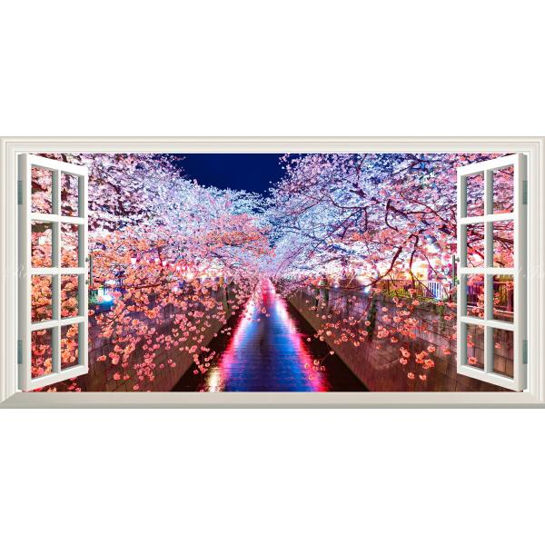 絵画風 壁紙ポスター (はがせるシール式) -地球の撮り方- 輝く川面 東京都目黒川の夜桜 パノラマ...