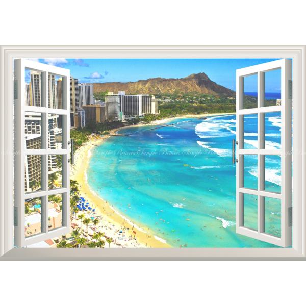 絵画風 壁紙ポスター (はがせるシール式) ハワイ ワイキキビーチ ダイヤモンドヘッド 【窓仕様】 ...