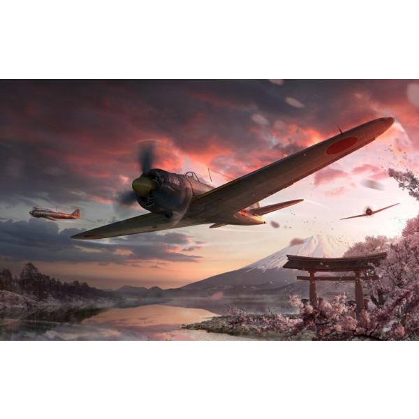 絵画風 壁紙ポスター (はがせるシール式) ゼロ戦 零戦21型 A6M2-b 富士山 さくら 戦闘機...