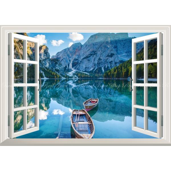 絵画風 壁紙ポスター (はがせるシール式) 鏡面のブライエス湖 ボート ドロミテ地方 【窓仕様】 キ...