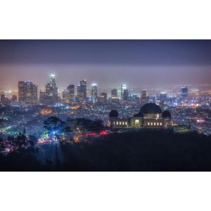 絵画風 壁紙ポスター  グリフィスパークとロサンゼルスの夜景 天文台 LA カリフォルニア州 キャラ...