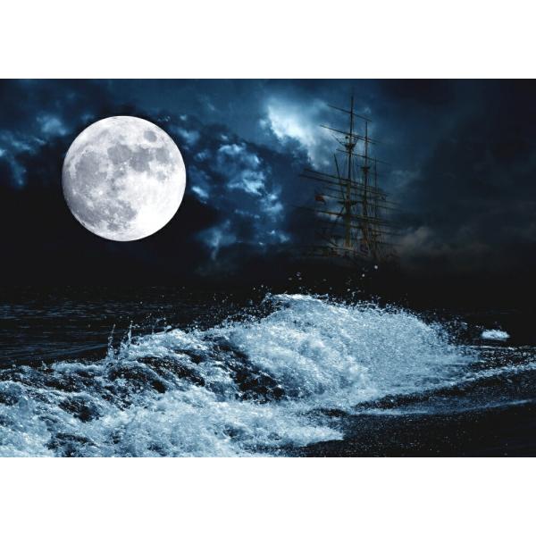 絵画風 壁紙ポスター (はがせるシール式) 満月 スーパームーン Super Luna 帆船と波 天...