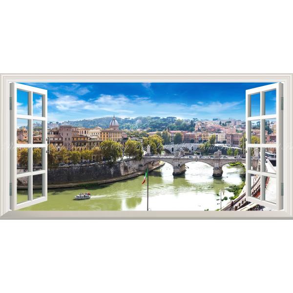 絵画風 壁紙ポスター  -窓の景色- ローマ バチカン市国 都市景観 テベレ川 サン・ピエトロ大聖堂...