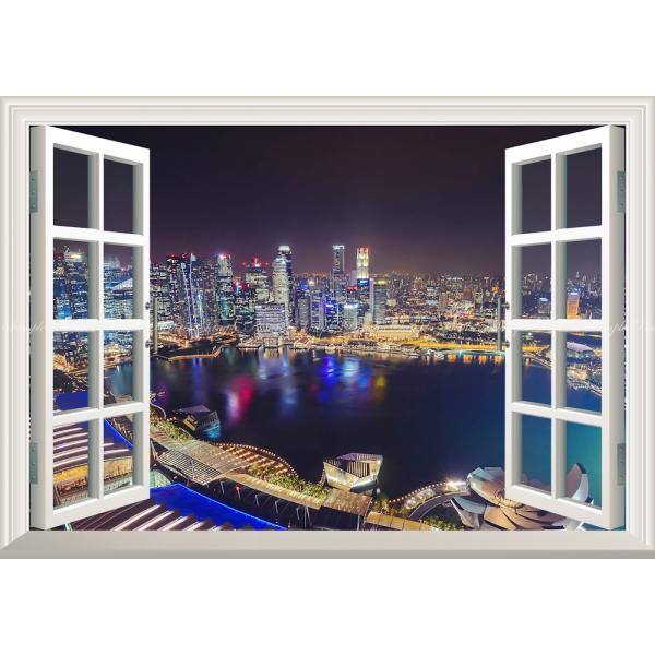 絵画風 壁紙ポスター (はがせるシール式) シンガポール マリーナ・ベイ 夜景 マーライオン【窓仕様...