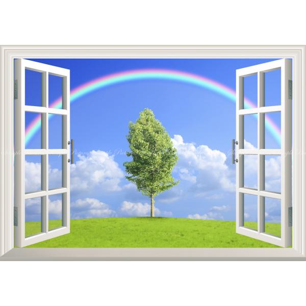絵画風 壁紙ポスター (はがせるシール式) 虹と空と雲と緑のハーモニー レインボーアーチ 【窓仕様】...