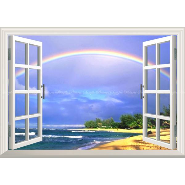絵画風 壁紙ポスター (はがせるシール式) 南国のビーチと虹のハーモニー ハワイ 波 虹 【窓仕様】...