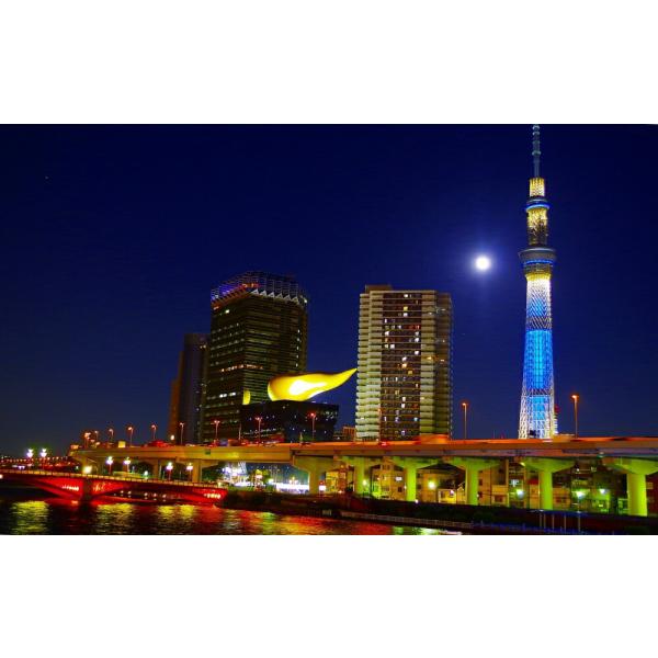 絵画風 壁紙ポスター (はがせるシール式) 東京スカイツリー 満月 夜景 アサヒビール キャラクロ ...
