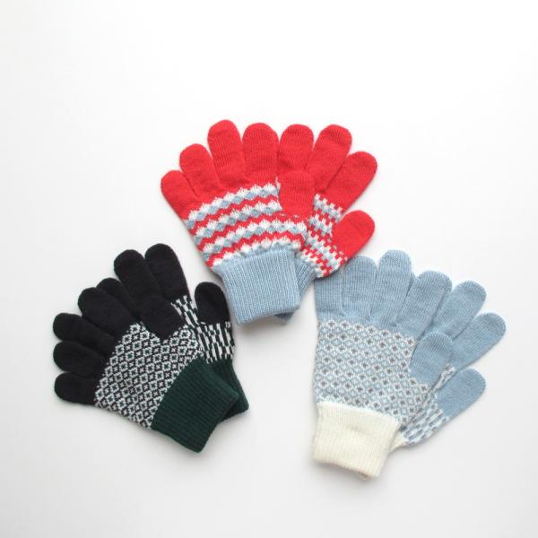手袋 stample ジャガードニットグローブ チャコール レッド サックス S(7-9才) M(9...