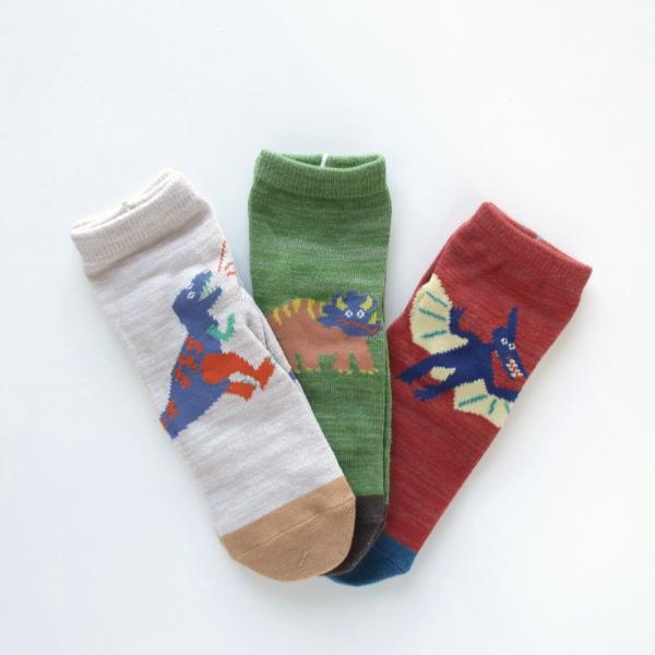 3Pソックス 靴下 stample ゆるゆるダイナソーII 園児ソックス 3足組 恐竜柄