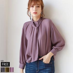 【Special Item_トップス】(WTN1425)ブラウス レディース 長袖 シャツ トップス ボウタイ クレープ ギャザー リボン