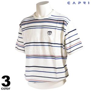 セール 80%OFF CAPRI カプリ 半袖 サマーセーター メンズ 春夏 ジャガード クルーネック ロゴ 2231-5502