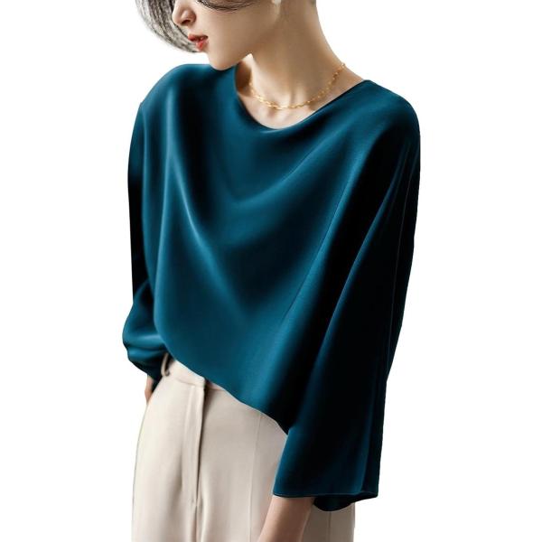 とろみブラウス レディース 七分袖 ラウンドネック シルキータッチ 無地 プルオーバー エレガント ...