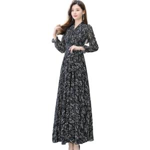 ロングシフォンワンピース レディース 小花柄 長袖 パフスリーブ ボウタイリボン ハイウエスト Ａラ...