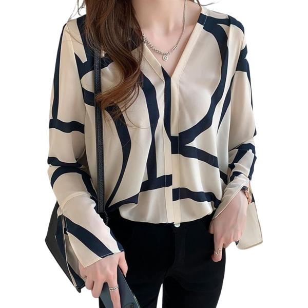 ブラウス レディース 長袖 Vネック 上品 おしゃれ 幾何学模様 シャツ(ベージュ,  S)