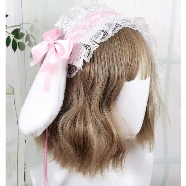 カチューシャ ヘッドドレス うさぎ 耳 髪飾り ロリータ うさ耳 コスプレ リボン(ライトピンク)