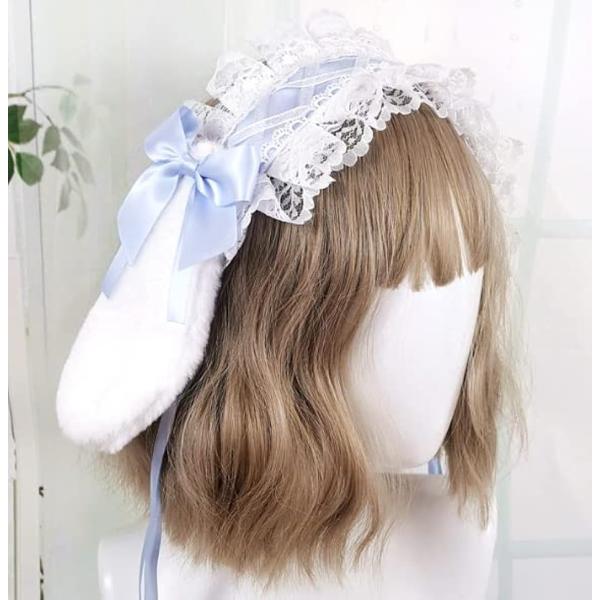 カチューシャ ヘッドドレス うさぎ 耳 髪飾り ロリータ うさ耳 コスプレ リボン(ライトブルー)