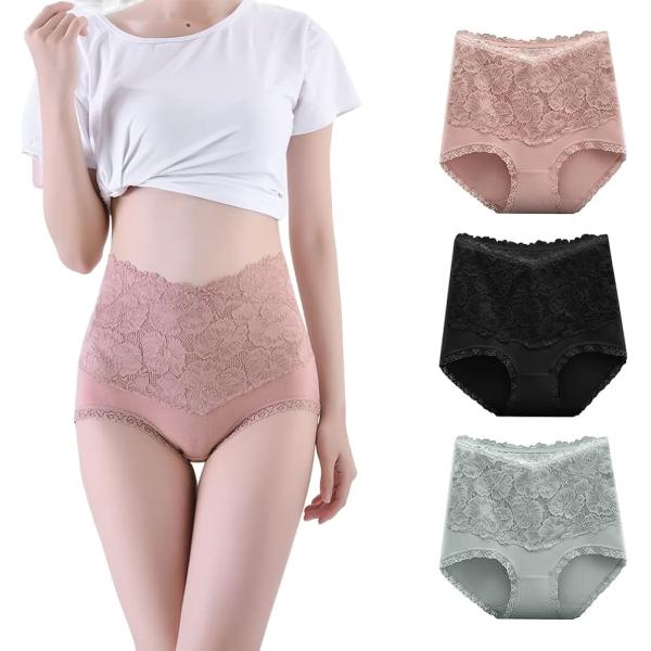 レースハイウエストショーツ 3枚セット セクシー シームレス ハイライズ(ピンク・ブラック・グリーン...