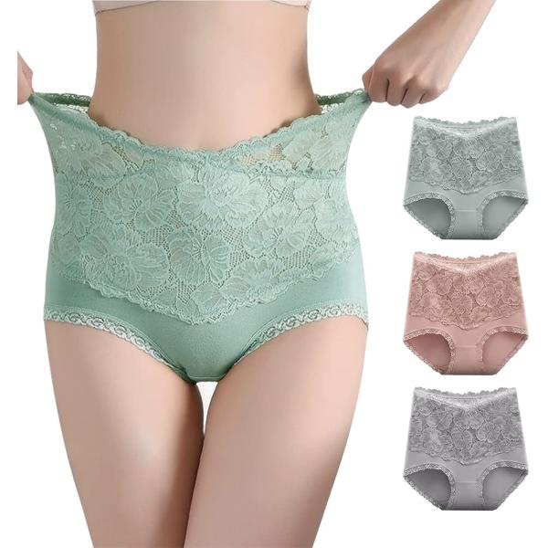 レースハイウエストショーツ 3枚セット セクシー シームレス ハイライズ(ピンク・グリーン・グレー,...