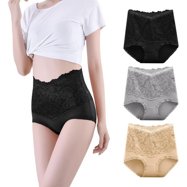 レースハイウエストショーツ 3枚セット セクシー シームレス ハイライズ(ブラック・グレー・ベージュ...