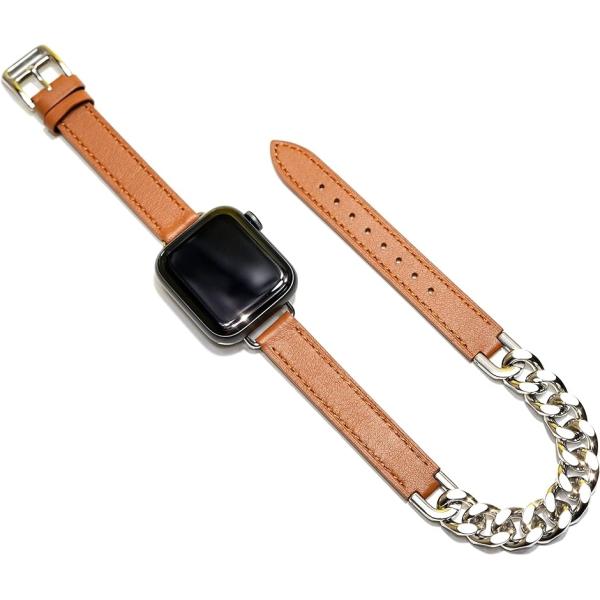 Apple watch チェーン ＆ レザー ベルト おしゃれ アップルウォッチ バンド(ブラウン,...