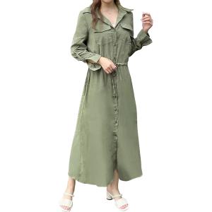 ワンピース レディース ロング シャツワンピース マキシ チュニック 長袖 無地 薄手 M(カーキ,...