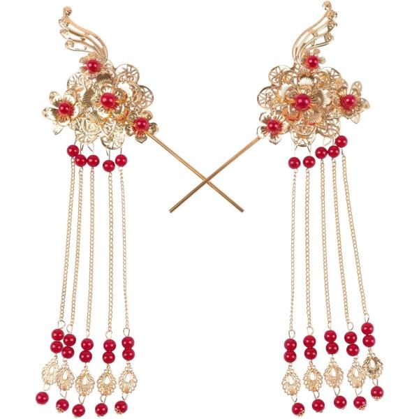 かんざし 簪 髪飾り アジアンテイスト 2本セット レディース(レッド)