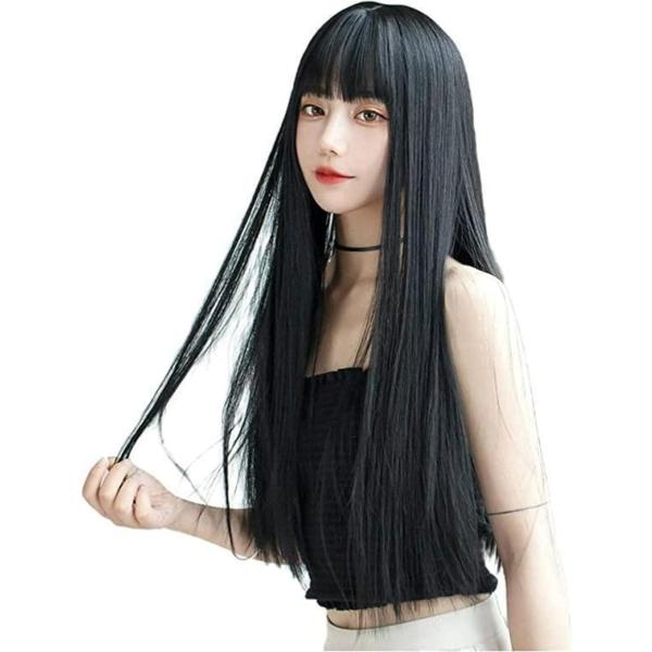 ウィッグ ロング ストレート かつら ぱっつん コスプレ ネット付属(ブラック)