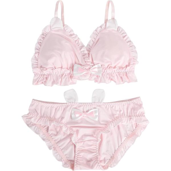 大きいサイズ ゆめかわ フリフリ ノンワイヤー ブラ ショーツ セット(ピンク,  XL)
