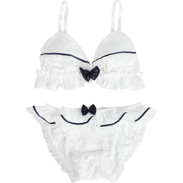 大きいサイズ ゆめかわ フリフリ ノンワイヤー ブラ ショーツ セット ホワイト・ネイビー(ホワイト...