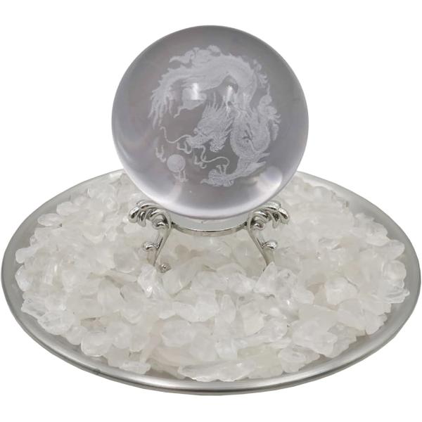 龍 水晶玉 さざれ石 台座 トレー セット 風水 商売繁盛 ドラゴン クリスタル 竜 置物(シルバー...